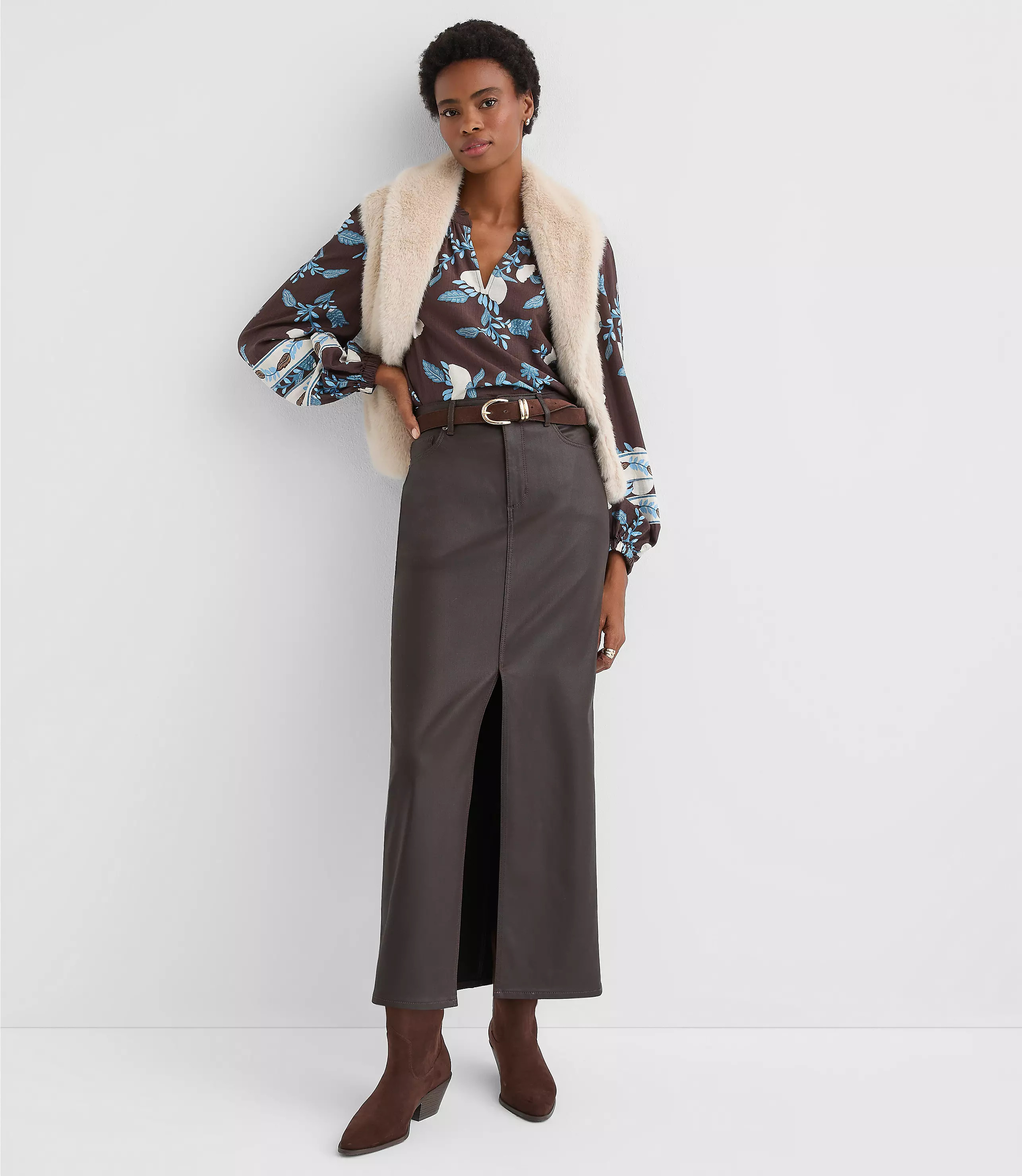 Coated Denim Maxi Skirt in Brown | LOFT