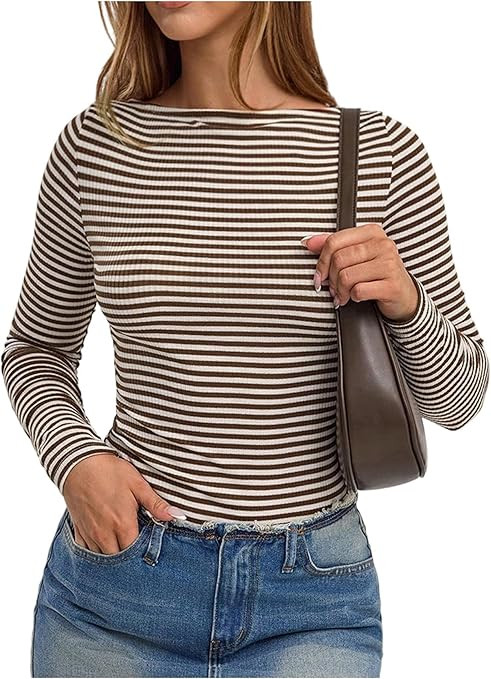 Milumia Women's Striped Long Sleeve Shirt Y2k Boat Neck Fitted Knit Tops Fall Clothes | Amazon (US)