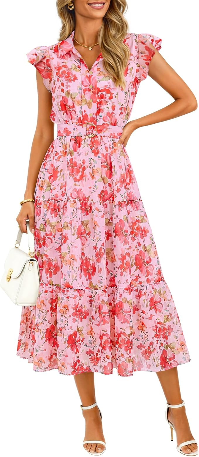 ZESICA Women's Summer Floral Midi Dress 2026 Casual Flutter Short Sleeve Chiffon Button Down Wedd... | Amazon (US)