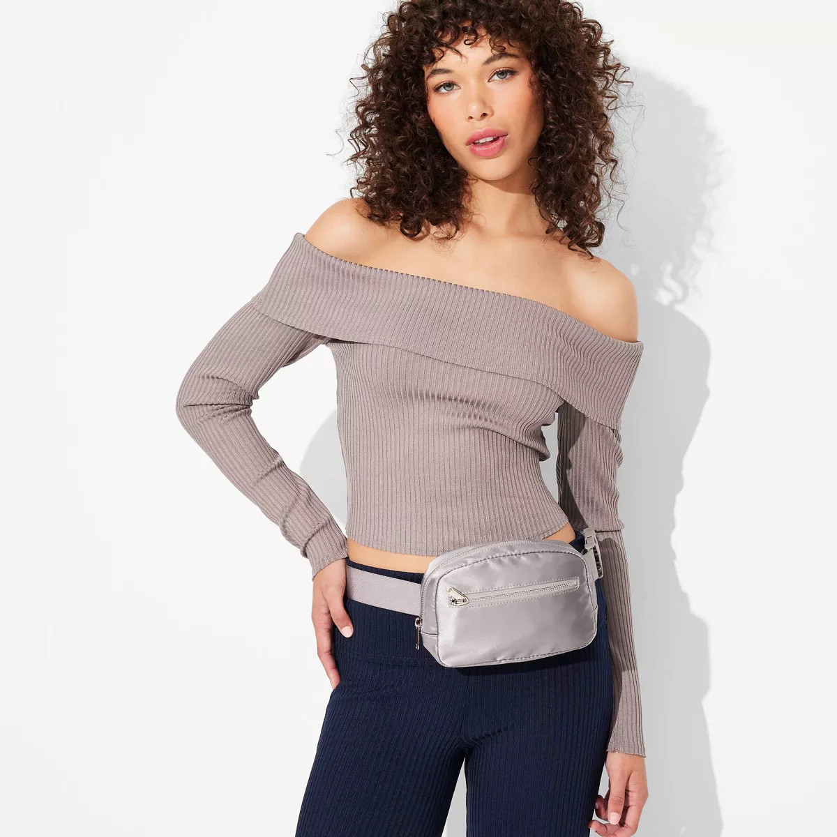 Women's Long Sleeve Ribbed Off the Shoulder Shirt - Wild Fable™ Gray XL | Target
