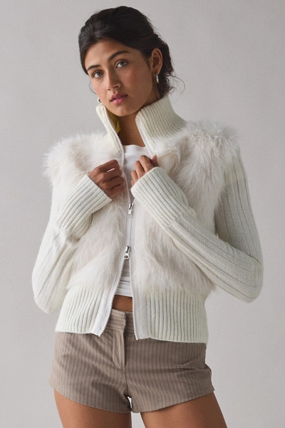 BDG Tori Faux Fur Trim Zip-Up Sweater Jacket | Urban Outfitters (US and RoW)