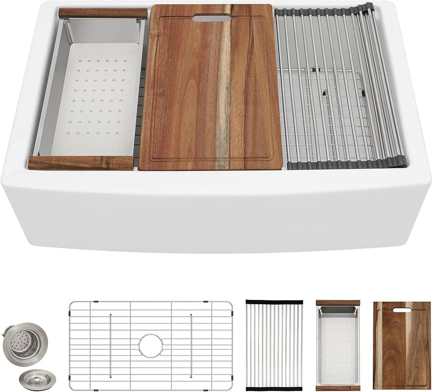 33 White Farm Sink Workstation - Fulorni 33"x21" Apron Front Farmhouse Sink Workstation with Slid... | Amazon (US)