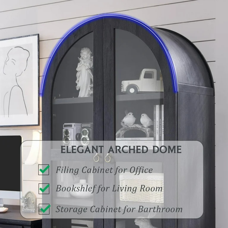 71" Tall Arched Bookshelf, 4-Tier Bookcase with Glass Doors and Shelves, Wooden Display Cabinet w... | Walmart (US)