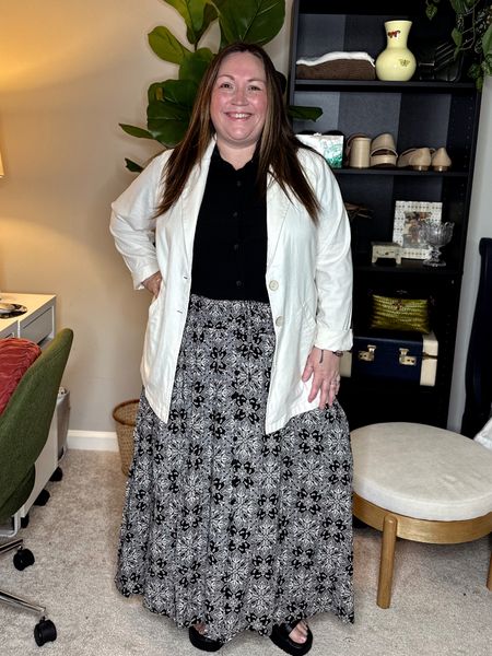 Plus Size Teacher Outfit from Torrid! Jess is wearing a button-down tunic in a size 2 - it fits loose, a linen longline blazer in a size 1 - fits true to size, a maxi skirt in a size 1 - runs generous, and a pair of platform sandals. 

#LTKSeasonal #LTKBacktoSchool #LTKcurves