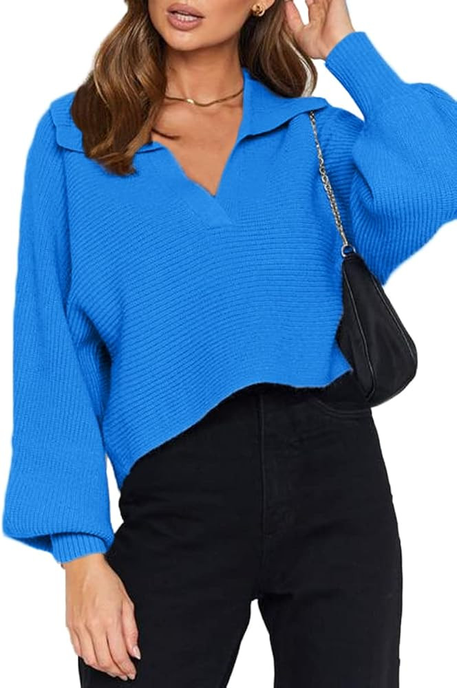 CHYRII Women Overized Puff Long Sleeve V Neck Knitted Polo Pullover Sweater Jumper Tops | Amazon (US)