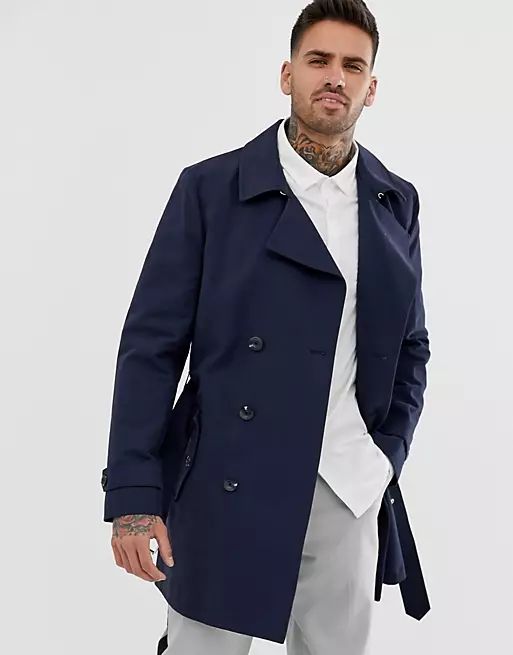 ASOS DESIGN rain resistant double breasted trench coat in navy | ASOS (Global)