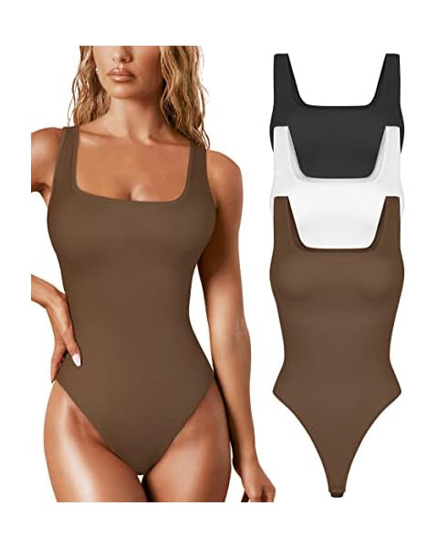 OQQ Women's 3 Piece Bodysuits Sexy Ribbed Sleeveless Square Neck Sleeveless Tank Tops Bodysuits | Amazon (US)