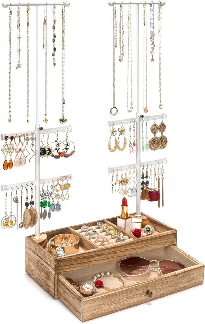 Emfogo Jewelry Organizer Stand Double Rods 6 Tier Jewelry Holder with Wood Basic Jewelry Storage,... | Amazon (US)