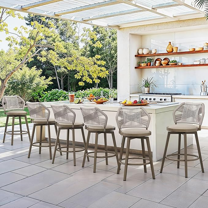 Outdoor Bar Stools Set of 6, 360° Swivel Aluminum Rattan Barstools, Olefin Rope Counter Height B... | Amazon (US)