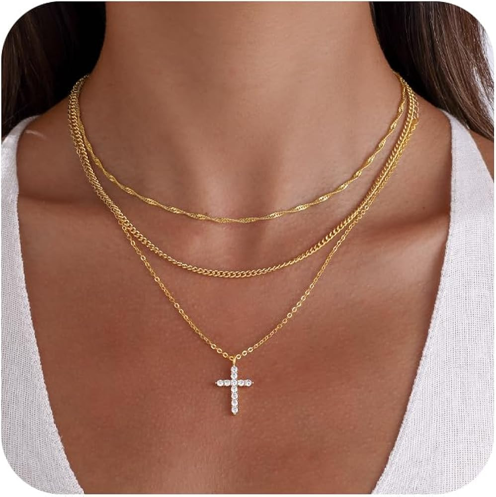 Cross Necklace For Women,Dainty 14K Gold Plated Layered Choker Necklace Fashion Cross Chain Neckl... | Amazon (US)