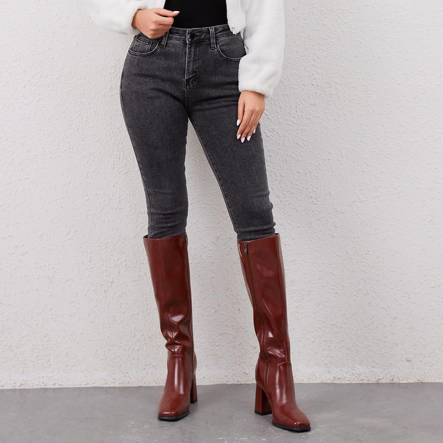 Amazon.com | QIY Brown Knee High Boots Women Side Zipper Chunky Heel Square Toe Tall Boots for Wo... | Amazon (US)