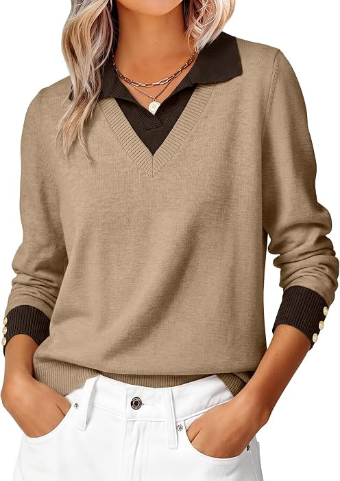 ANRABESS Sweaters for Women Long Sleeve V Neck Polo Collared Tan S     Color Block 2 in 1 Knit Bu... | Amazon (US)