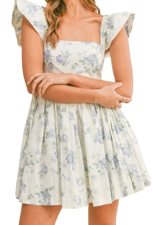 Blue and cream floral print babydoll dress | Mulberry & King
