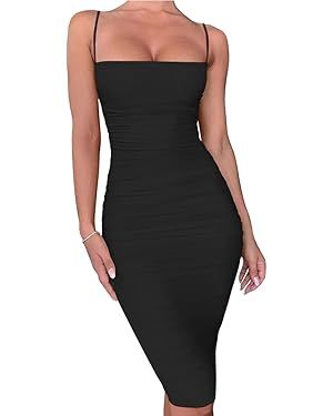 BEAGIMEG Women's Sexy Bodycon Sleeveless Spaghetti Strap Ruched Club Party Cocktail Midi Dress | Amazon (US)