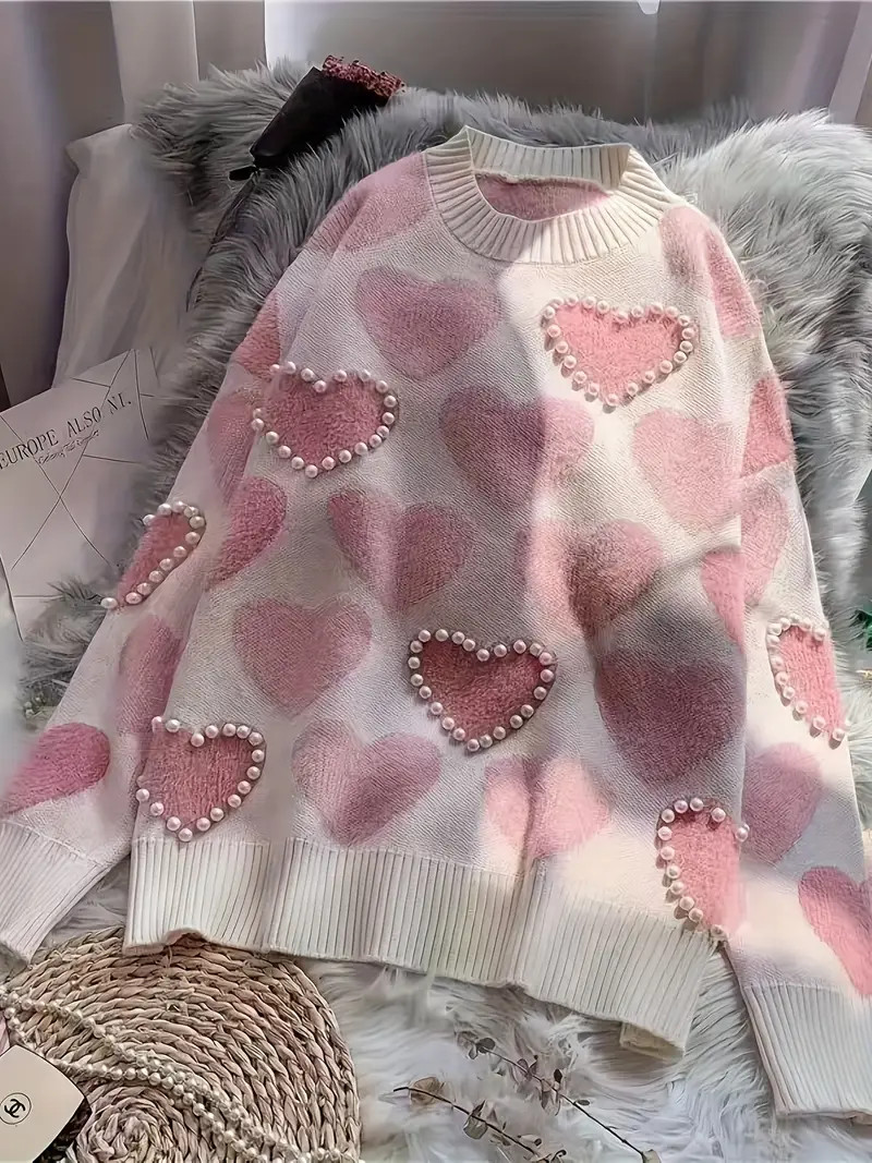 Beaded Heart Pattern Knit Sweater, Casal Long Sleeve Pullover Sweater, Women's Clothing | Temu Affiliate Program