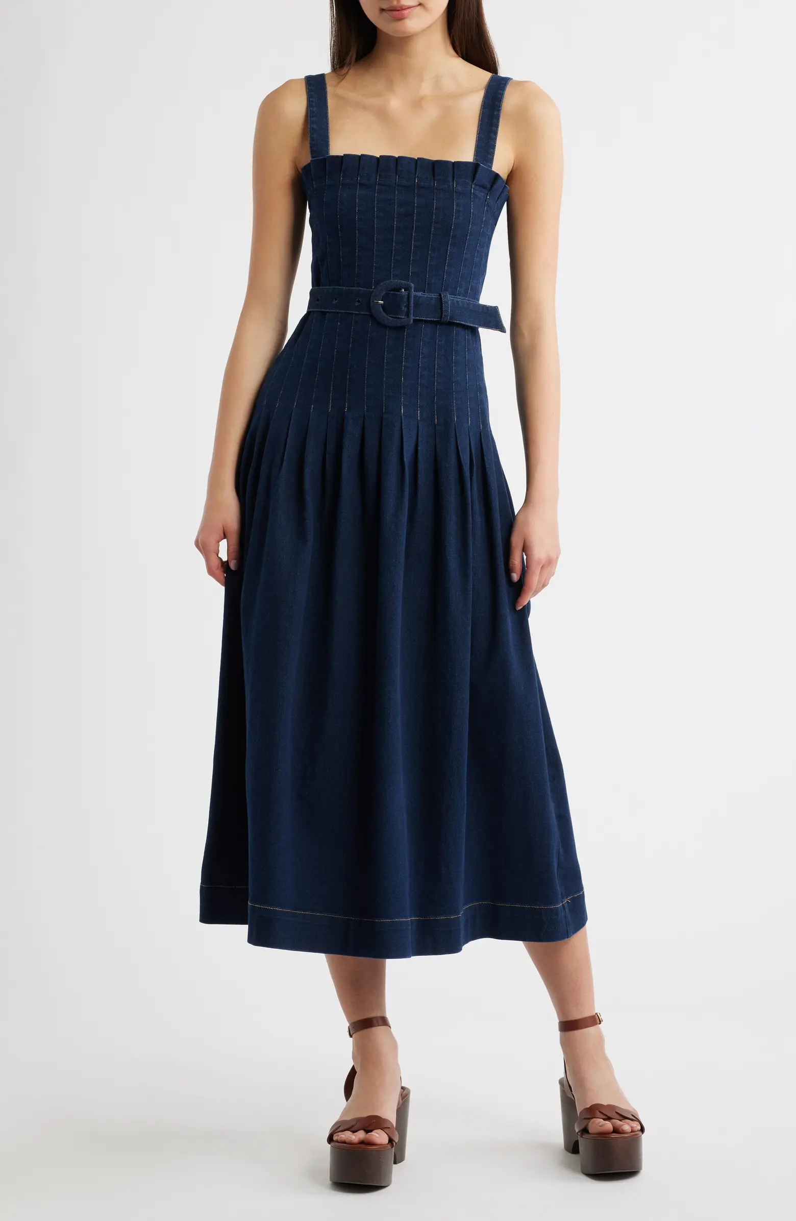 MOON RIVER Pleated Belted Cotton Blend Denim Midi Dress | Nordstrom | Nordstrom