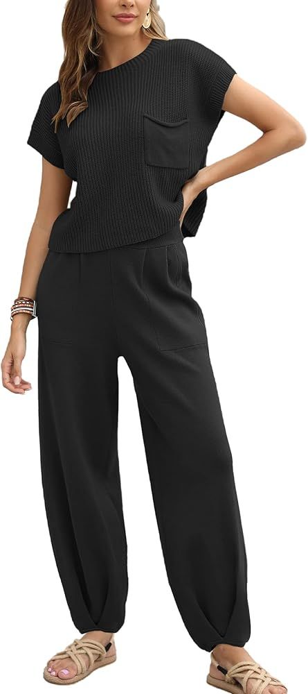 Women's Two Piece Outfits Sweater Sets Knit Pullover Tops and High Waisted Pants Lounge Sets | Amazon (US)