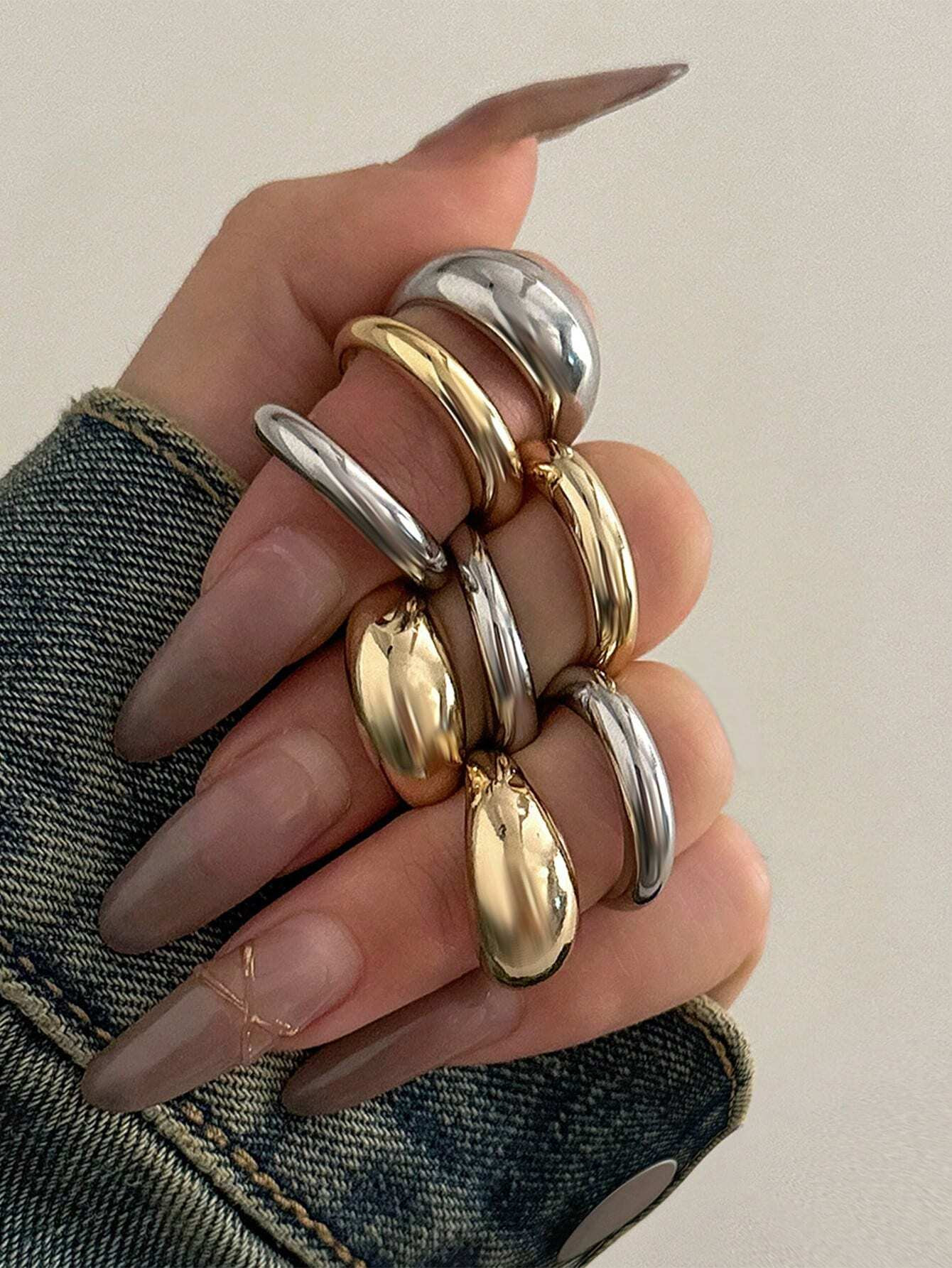 8Pcs/Set Creative Smooth Water Drop Rings For Women Vintage Geometric Adjustable Open Finger Nail... | SHEIN