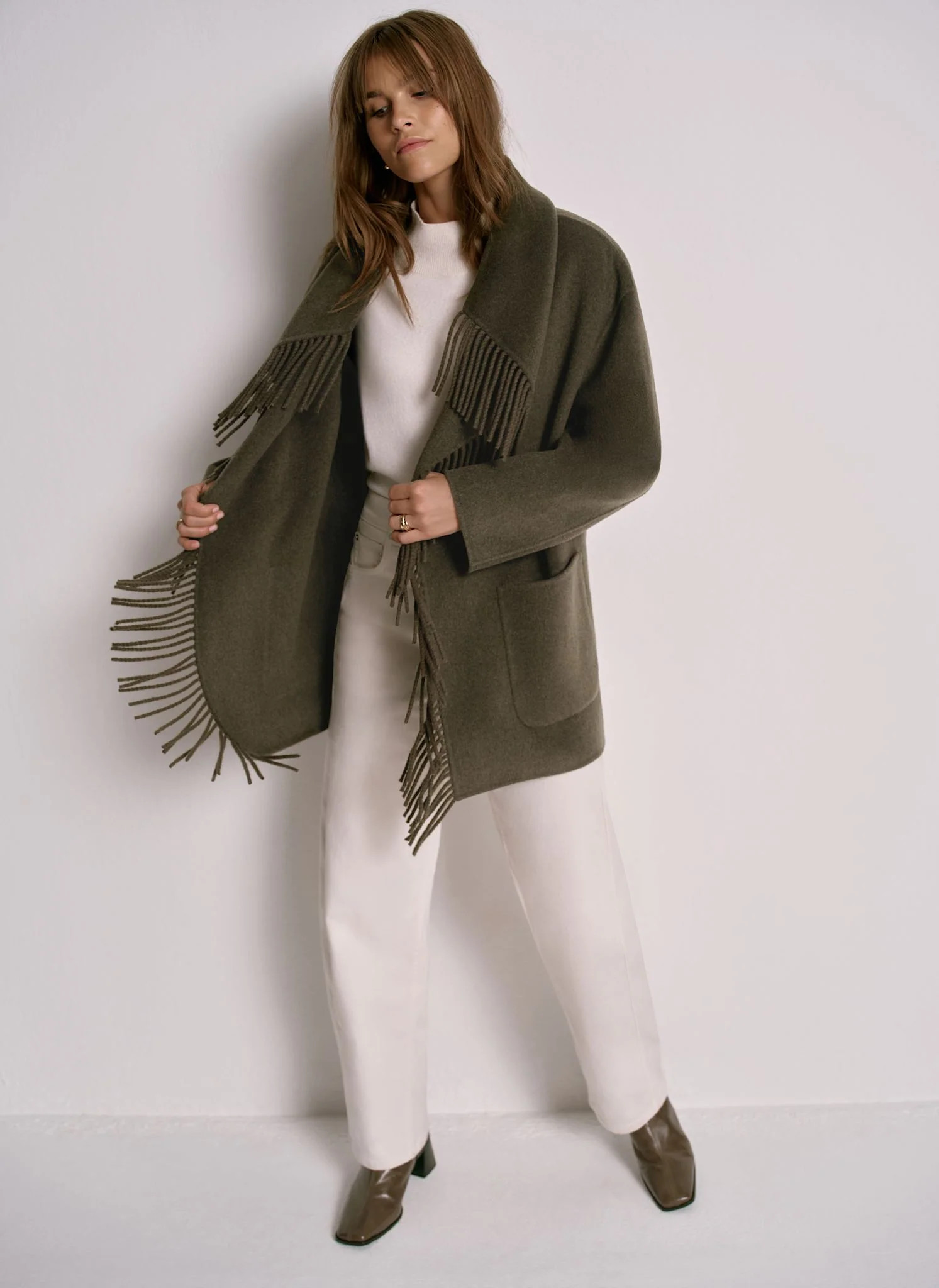 Khaki Wool Blend Hand Finished Tassel Coat | Mint Velvet
