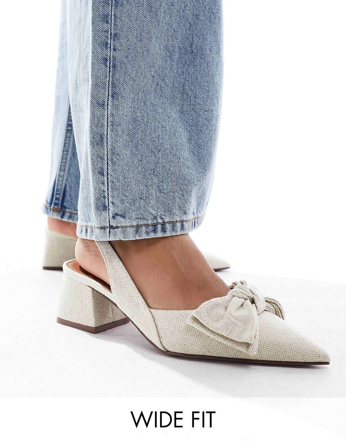 ASOS DESIGN Wide Fit Symphony bow slingback mid block heeled shoes in natural fabrication | ASOS (Global)