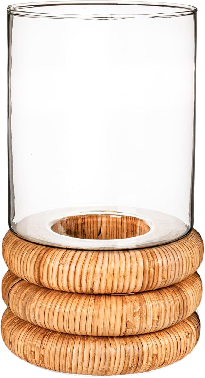 Creative Co-Op Glass Hurricane Vase with Woven Rattan Base, Small | Amazon (US)