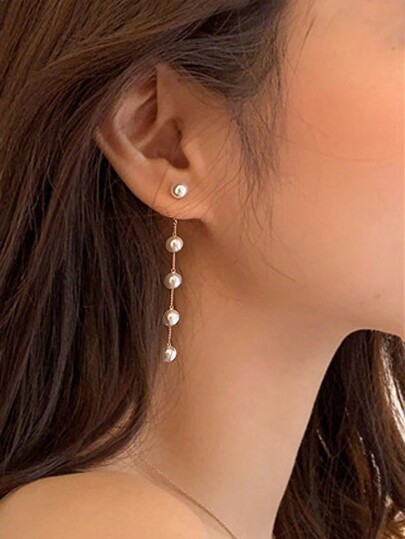 1pair Chain & Pearl Decor Long Earrings - Size A | SHEIN