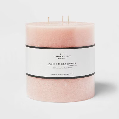 6"x6" 3-Wick Peony & Cherry Blossom Cozy Pillar Candle Pink - Threshold™: Modern Traditional Decor, 95hr Burn Time | Target