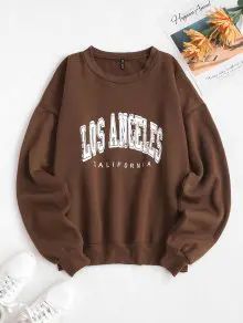 Flocking Lined Los Angeles Print Drop Shoulder Sweatshirt   COFFEE | ZAFUL (Global)