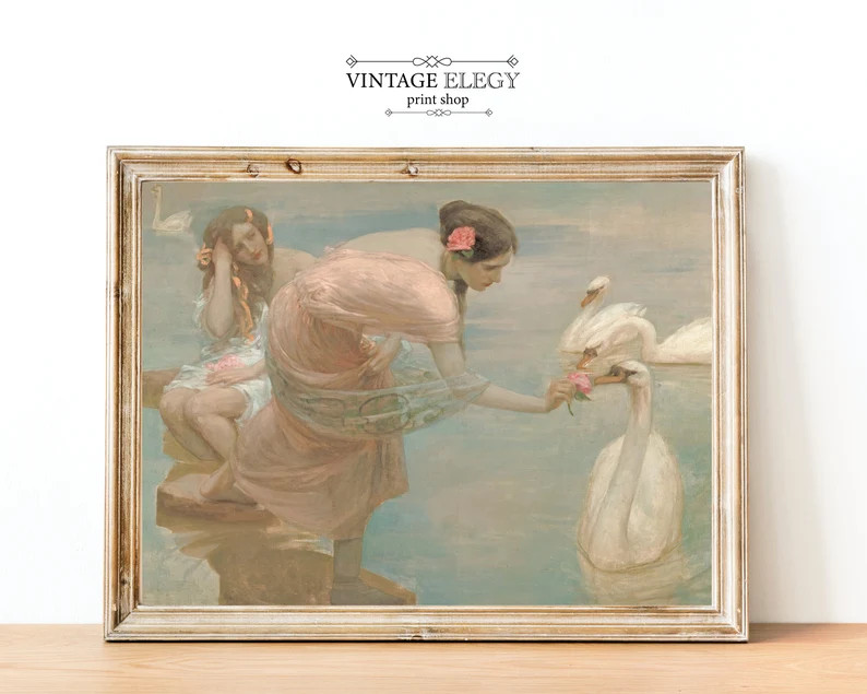 Antique Swan Lake Painting  Vintage Victorian Woman Painting - Etsy | Etsy (US)