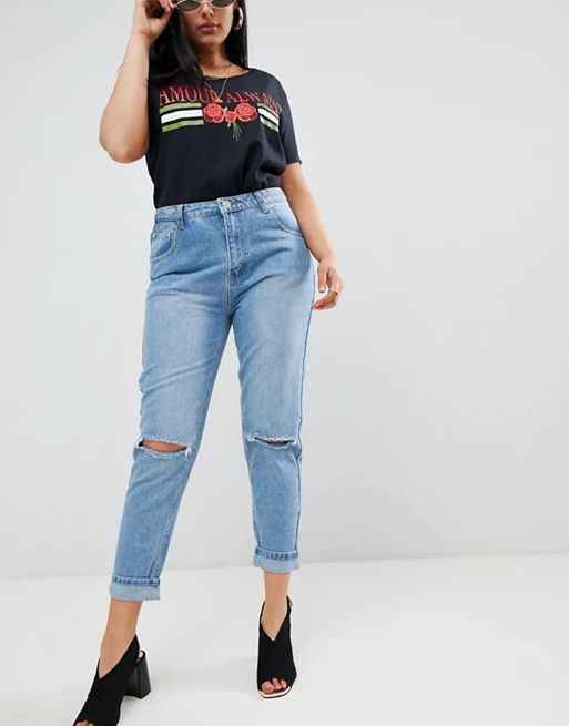 Prettylittlething Mom Jean With Rips In Light Wash | ASOS UK