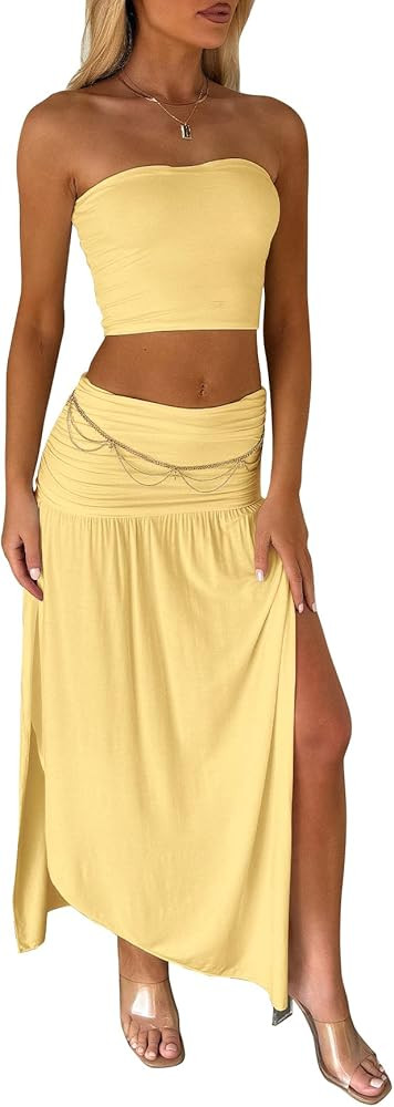 Two Piece Skirt Set for Women - 2 PC Summer Beach Vacation Outfits Going Out Strapless Tube Crop ... | Amazon (US)