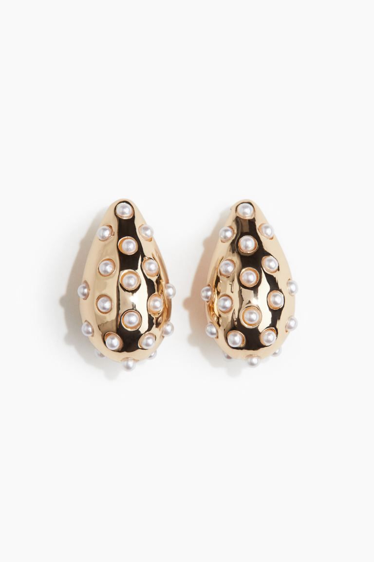 Bead-embellished Dome Earrings - Gold-colored/white - Ladies | H&M US | H&M (US + CA)