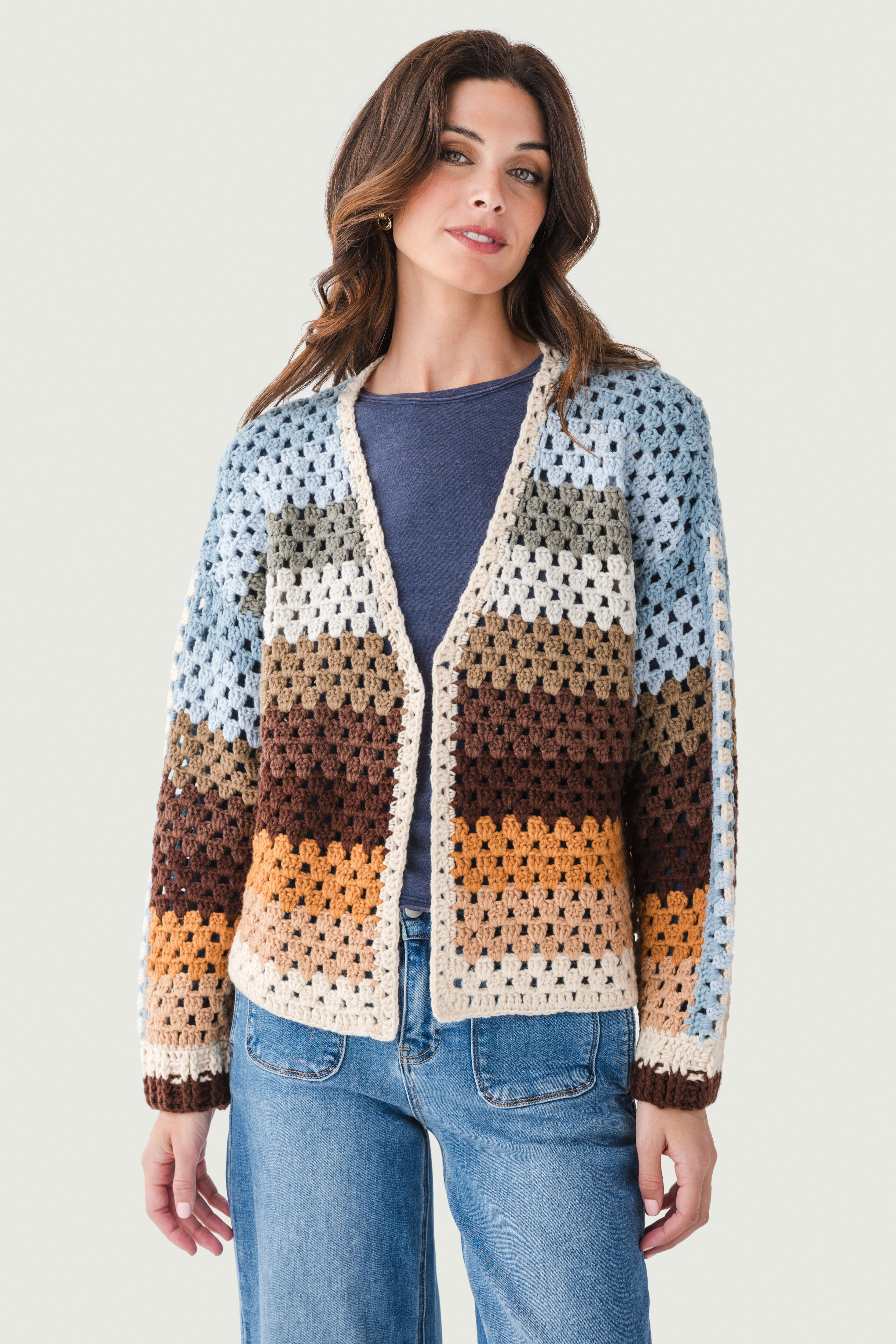 Elan Multi Stripe Crochet Cardigan | Social Threads