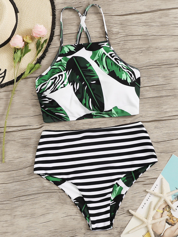 Random Leaf Lace-up Top With Striped Bikini Set | SHEIN