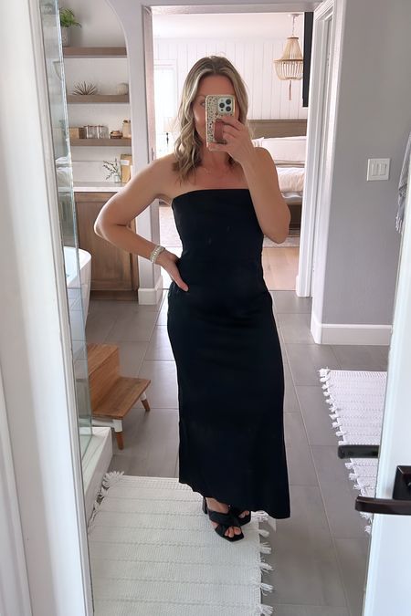 20% OFF! Simple sleeveless black satin dress. This piece is so versatile. Perfect for cocktail parties, work events, formal night on a cruise. Great fit. Available in petite sizing.