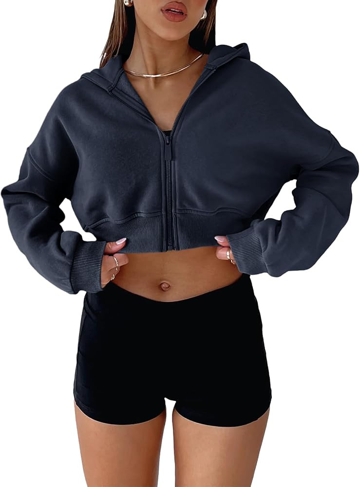 Aurgelmir Women's Cropped Zip Up Hoodie Sweatshirts Long Sleeve Casual Loose Y2K Pullover Tops | Amazon (US)