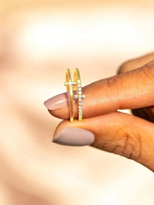 1 PC Elegant Double Cross Ring with Crystal Accents - Gold Tone Fashion Jewelry | Amazon (US)