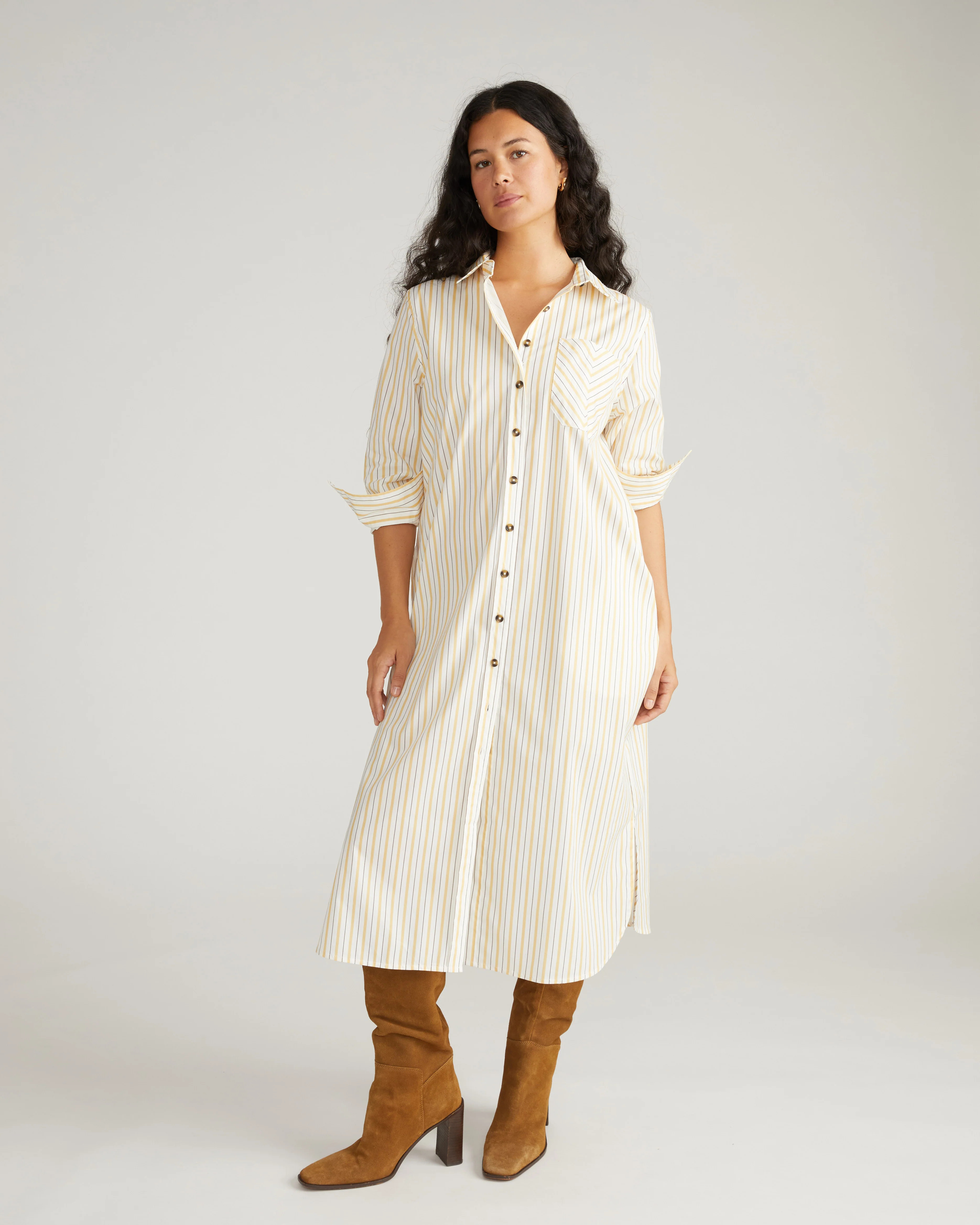 Odeon Stretch Poplin Shirtdress - Yellow Multi Stripe | Universal Standard