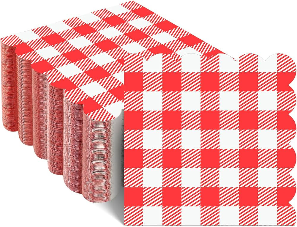 120 Pcs Red and White Gingham Napkins, Disposable Red Checkered Napkins Scalloped Cocktail Napkin... | Amazon (US)