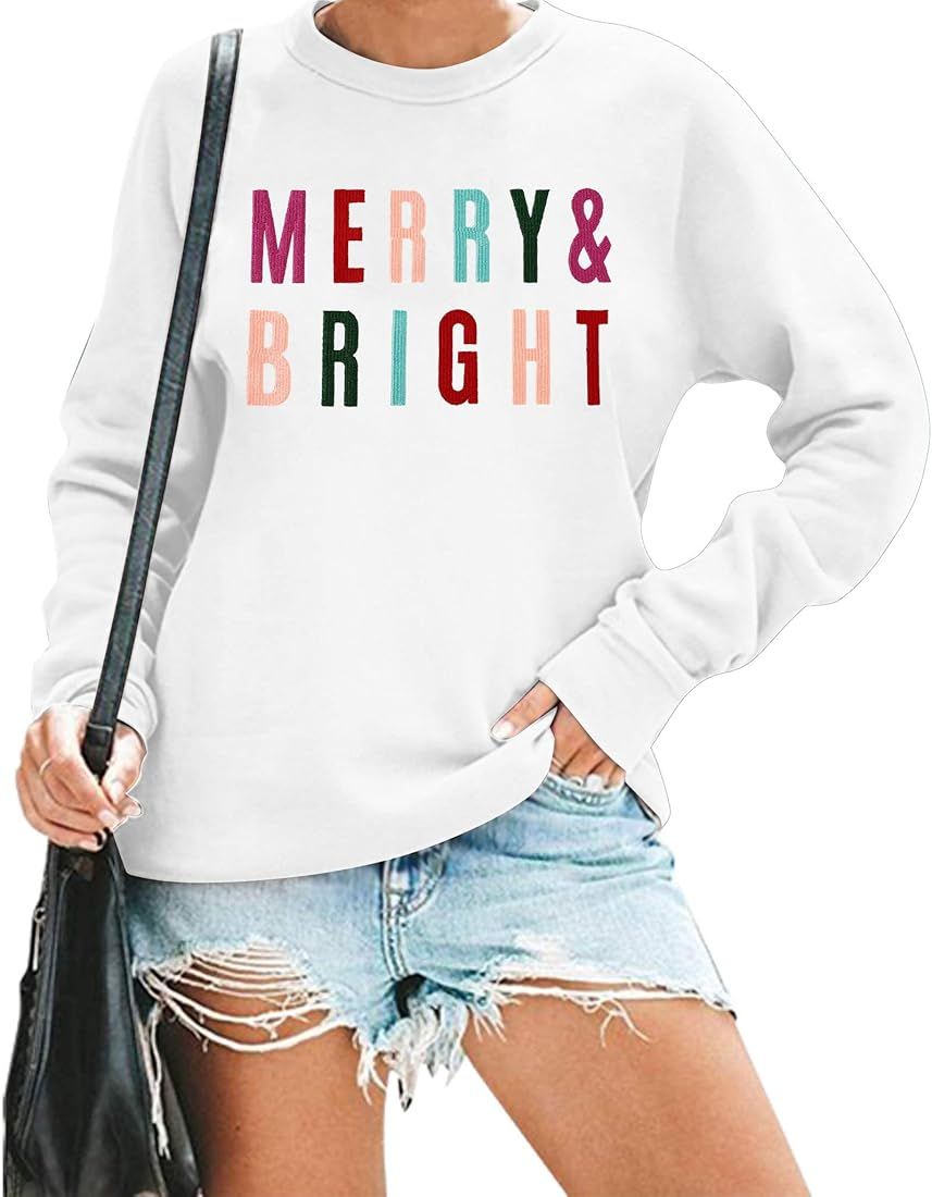 MOUSYA Christmas T-Shirt Women Merry Bright Colorful Letter Printed Sweatshirt Casual Long Sleeve Ro | Amazon (US)