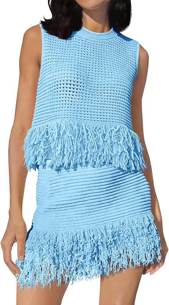 Fisoew Womens 2 Piece Crochet Outfits Sleeveless Knit Sweater Tops Fringe Skirts Summer Vacation ... | Amazon (US)