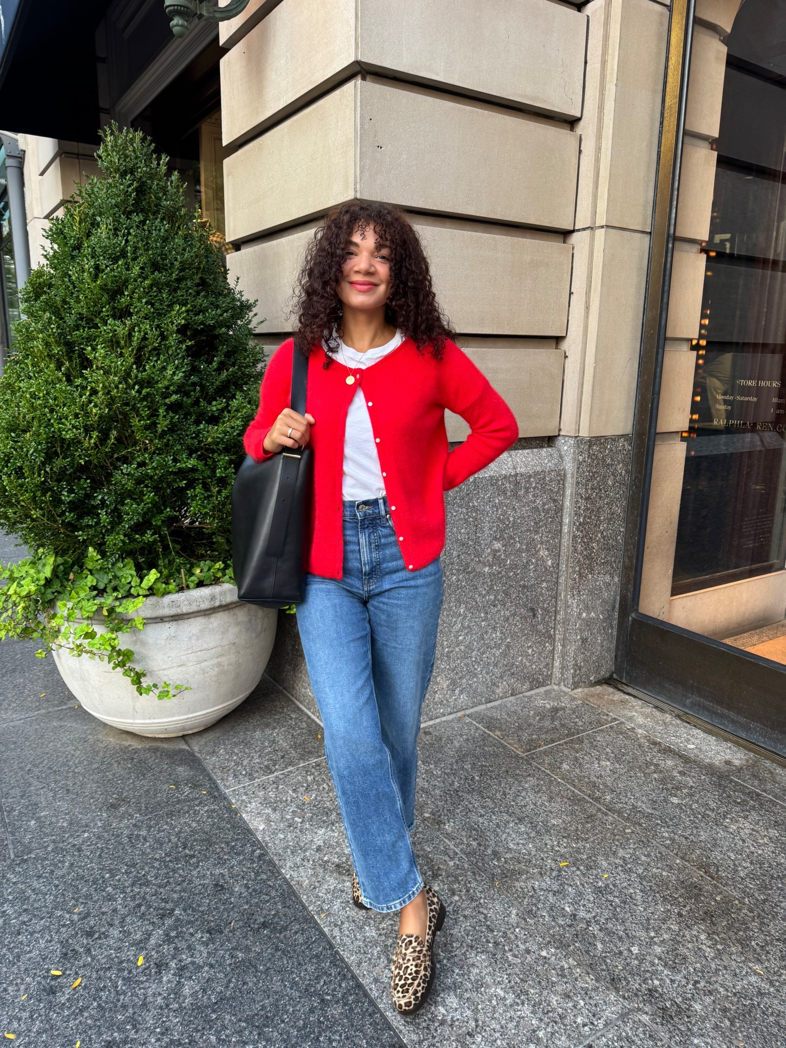 Casual fall outfit: white tee, jeans, red cardigan, leopard print loafers, bucket tote 

#LTKSeasonal #LTKStyleTip