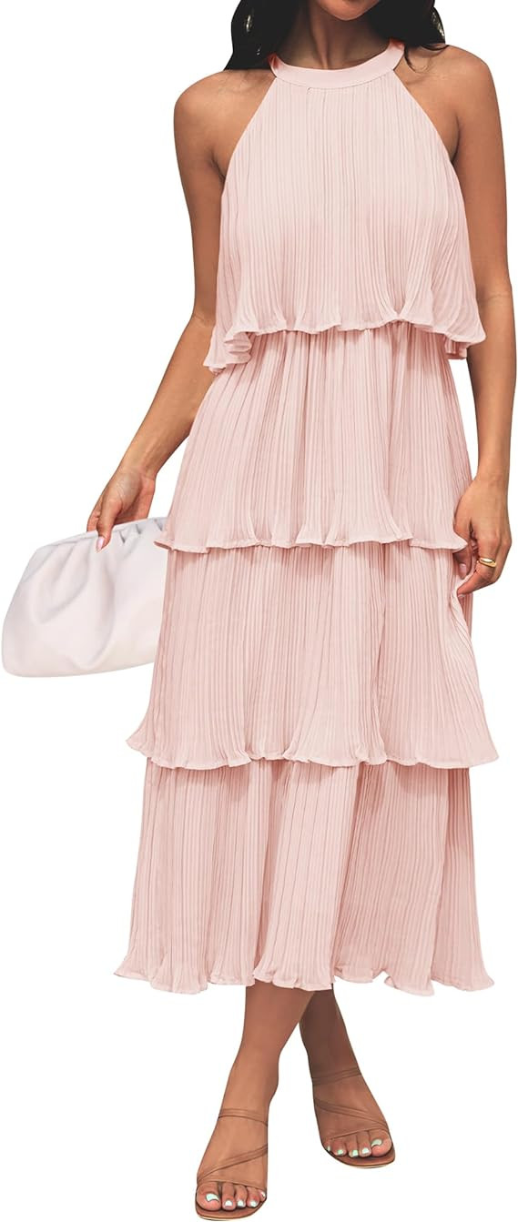 ZESICA Women's 2024 Summer Sleeveless Halter Neck Ruffle Tiered Layered Chiffon Flowy Swing Long ... | Amazon (US)