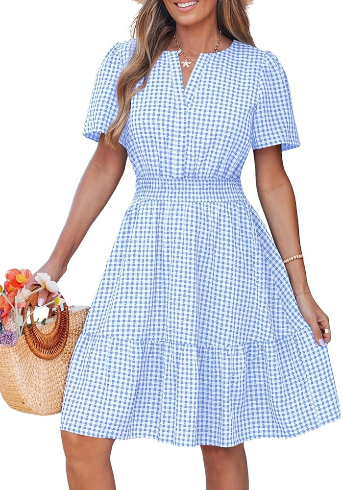 popvil Women Summer Mini Gingham Dress 2026 Spring A Line Casual Sun Dress Short Sleeve Beach Vac... | Amazon (US)