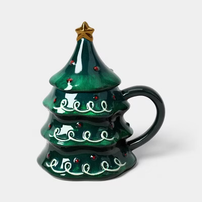 10 fl oz Stoneware Christmas Tree Figural Lid Coaster Mug - Wondershop™ | Target
