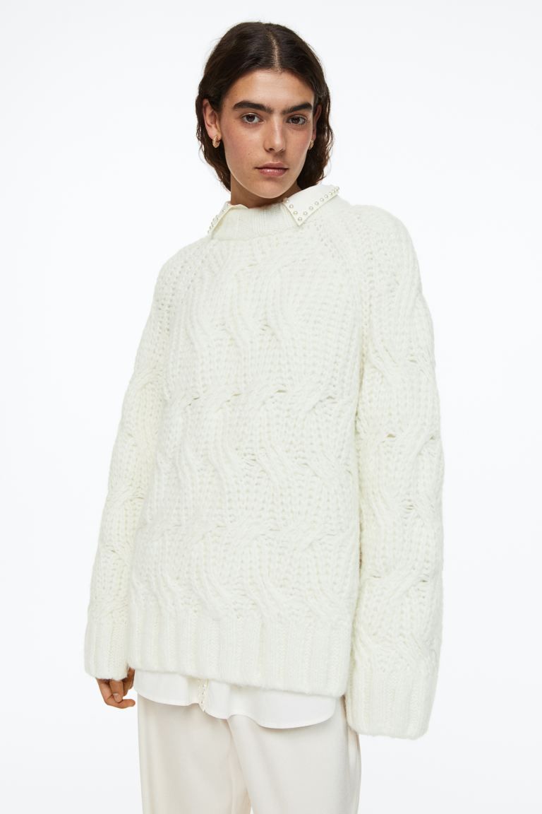 Oversized Cable-knit Wool-blend Sweater - White - Ladies | H&M US | H&M (US)