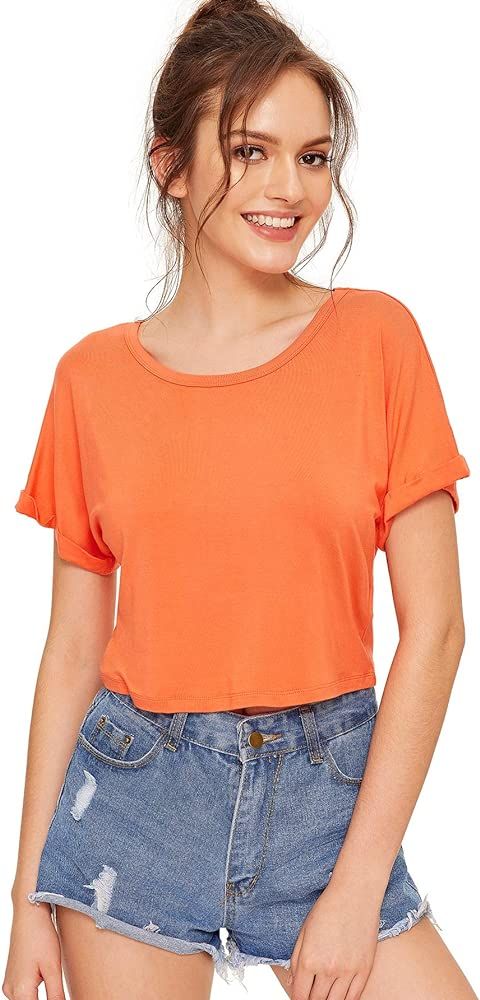 Women's Casual Round Neck Short Sleeve Soild Basic Crop Top T-Shirt | Amazon (US)