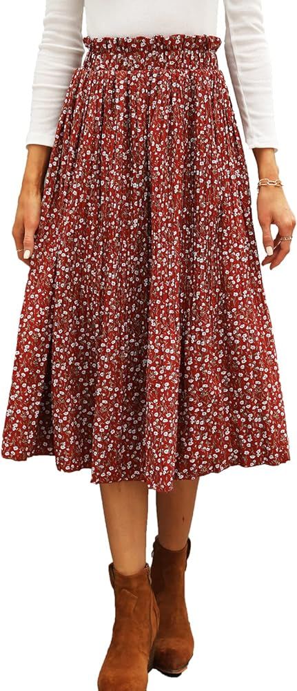 Naggoo Women's Skirts High Elastic Waisted Casual Skirt Pleated Floral/Solid Midi Skirts with Pocket | Amazon (US)
