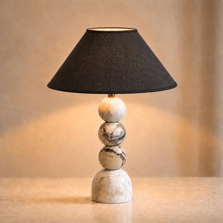 MIXL-Marble Table Lamp with Black Linen Shade,12 inch Bedside Nightstand Lamps,Tapered Fabric Sha... | Amazon (US)