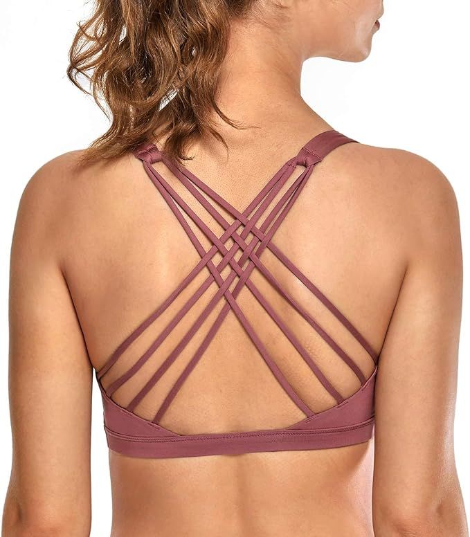 CRZ YOGA Strappy Sports Bras for Women Cross Back Sexy Padded Yoga Bra Tops Cute Activewear | Amazon (US)